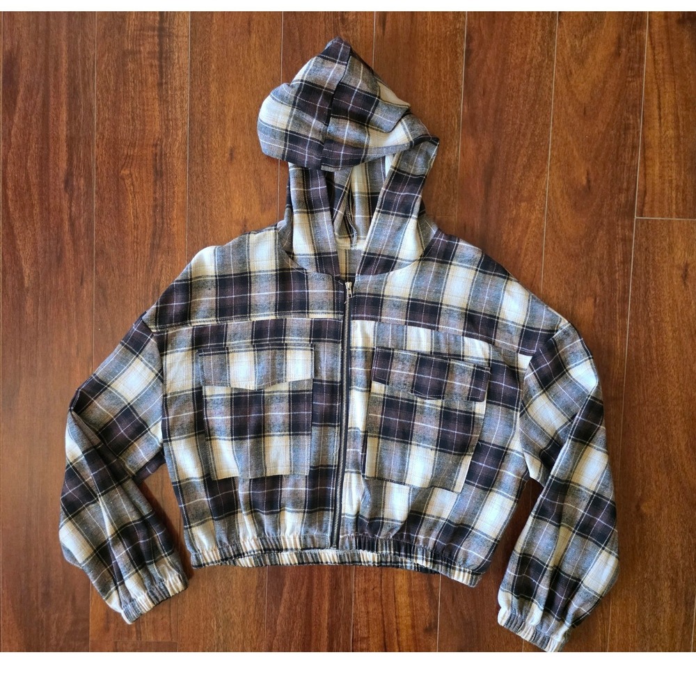 SHEIN Womens Plaid Cropped Zip Up Hoodie Brown Cream Large L Flap Pockets Check